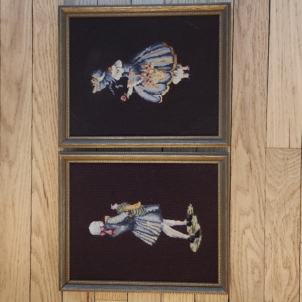 Vintage Framed Needlepoint Wall Art 1 Man and 1 Woman
